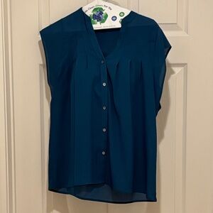 Chloe K Teal Cap-Sleeve V-Neck Button-Front Blouse